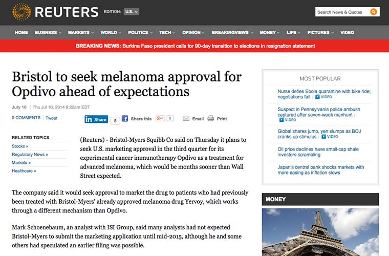 Bristol to Seek Melanoma Approval for Opdivo Ahead of Expectations